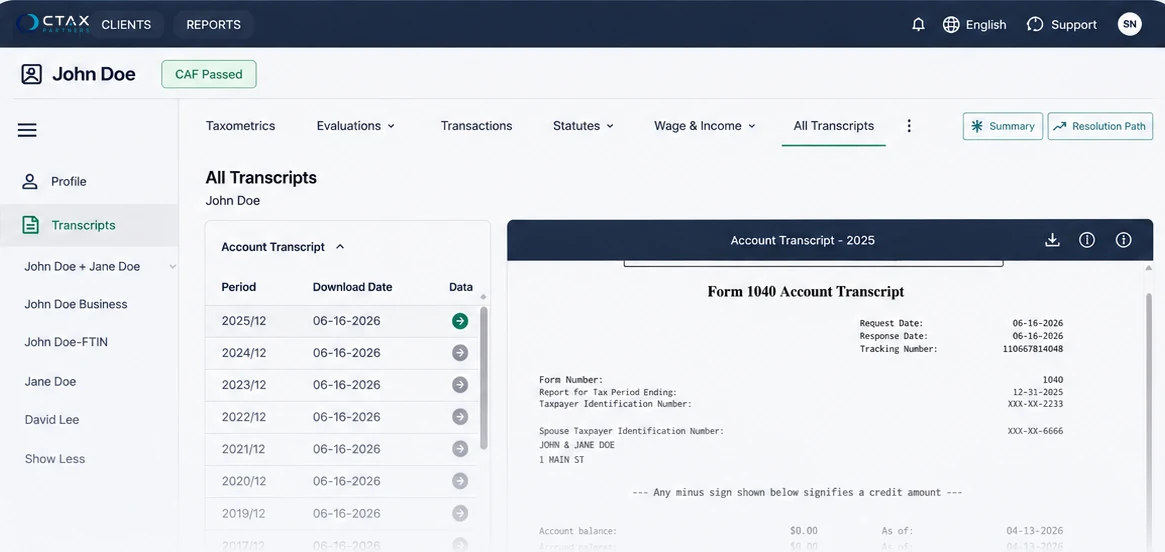 Vista de Todas las Transcripciones con las transcripciones de cuenta por periodo y su fecha de descarga, y los registros del contribuyente relacionados en la barra lateral